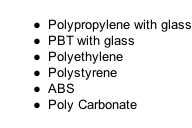 Polypropylene with glass PBT with glass Polyethylene Polystyrene ABS Poly Carbonate